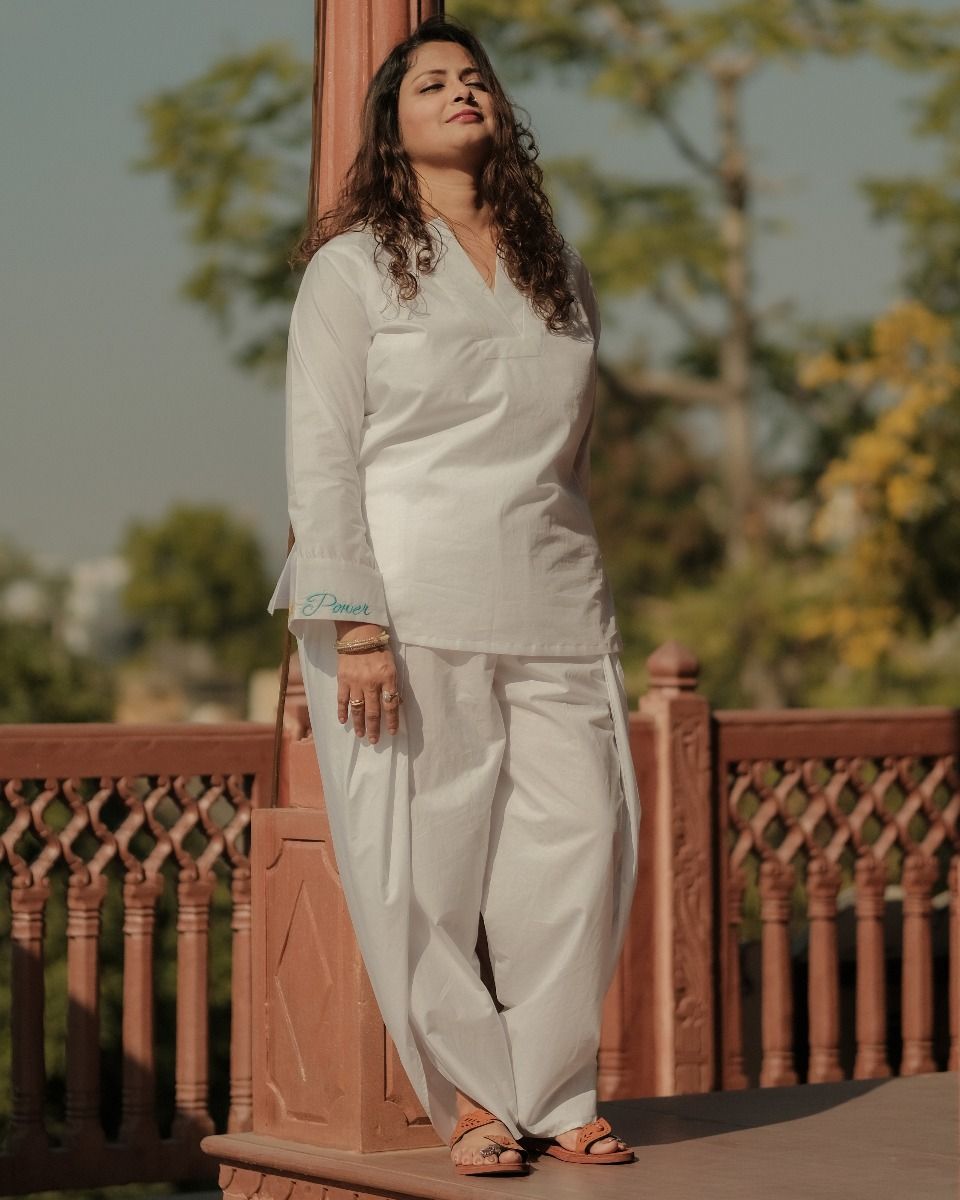 Sophisticated Vintage-Inspired, Love Light & Power Short Kurta with A Groovy Dhoti in Luminous White. 