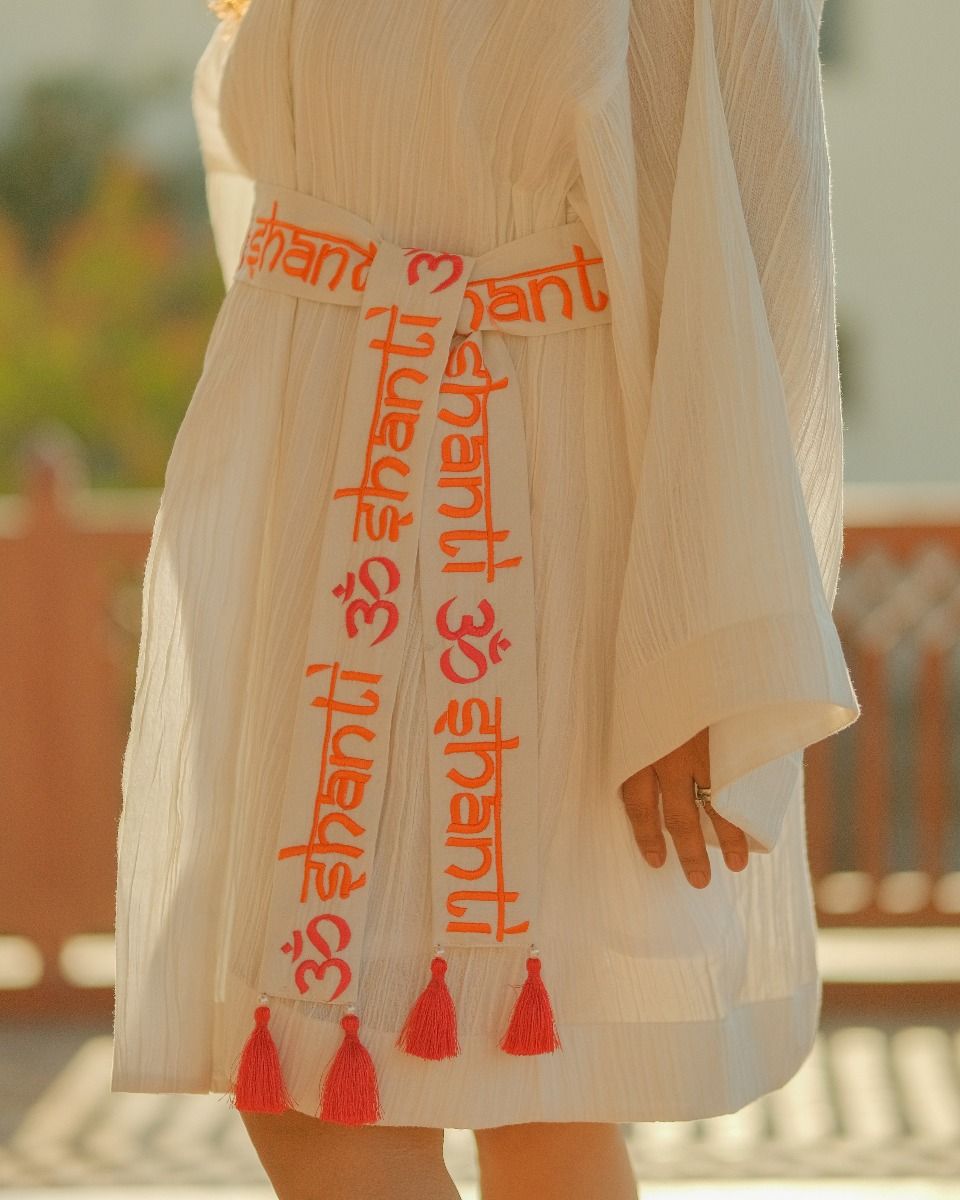 Radiant White Crush Cotton Flared Sleeves Robe with Om Shanti Belt.