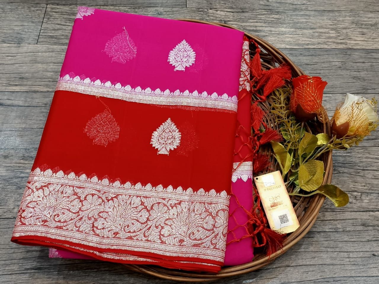 Red and Pink Banarasi Khaddi Saree