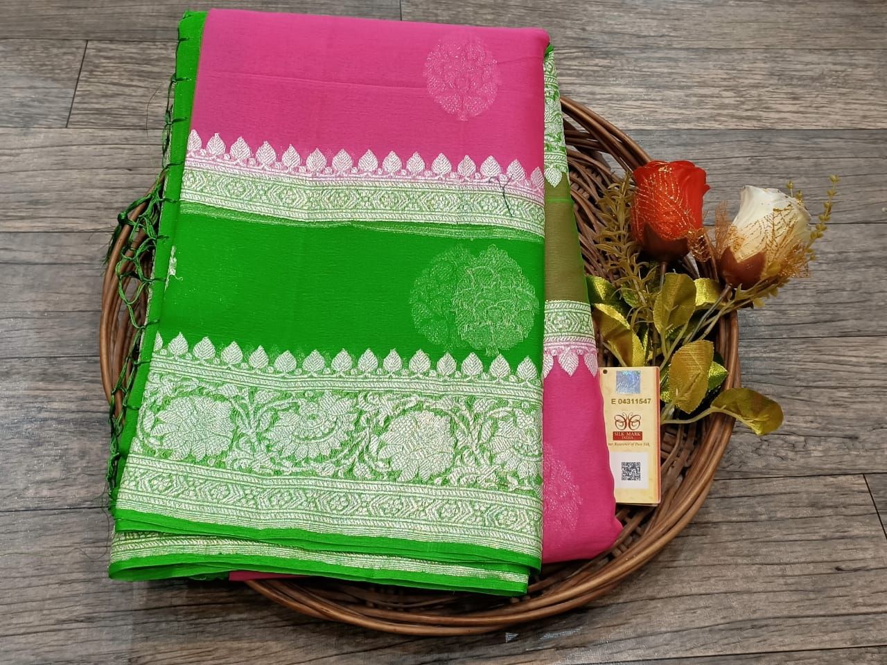 Pink and Green Banarasi Khaddi Saree