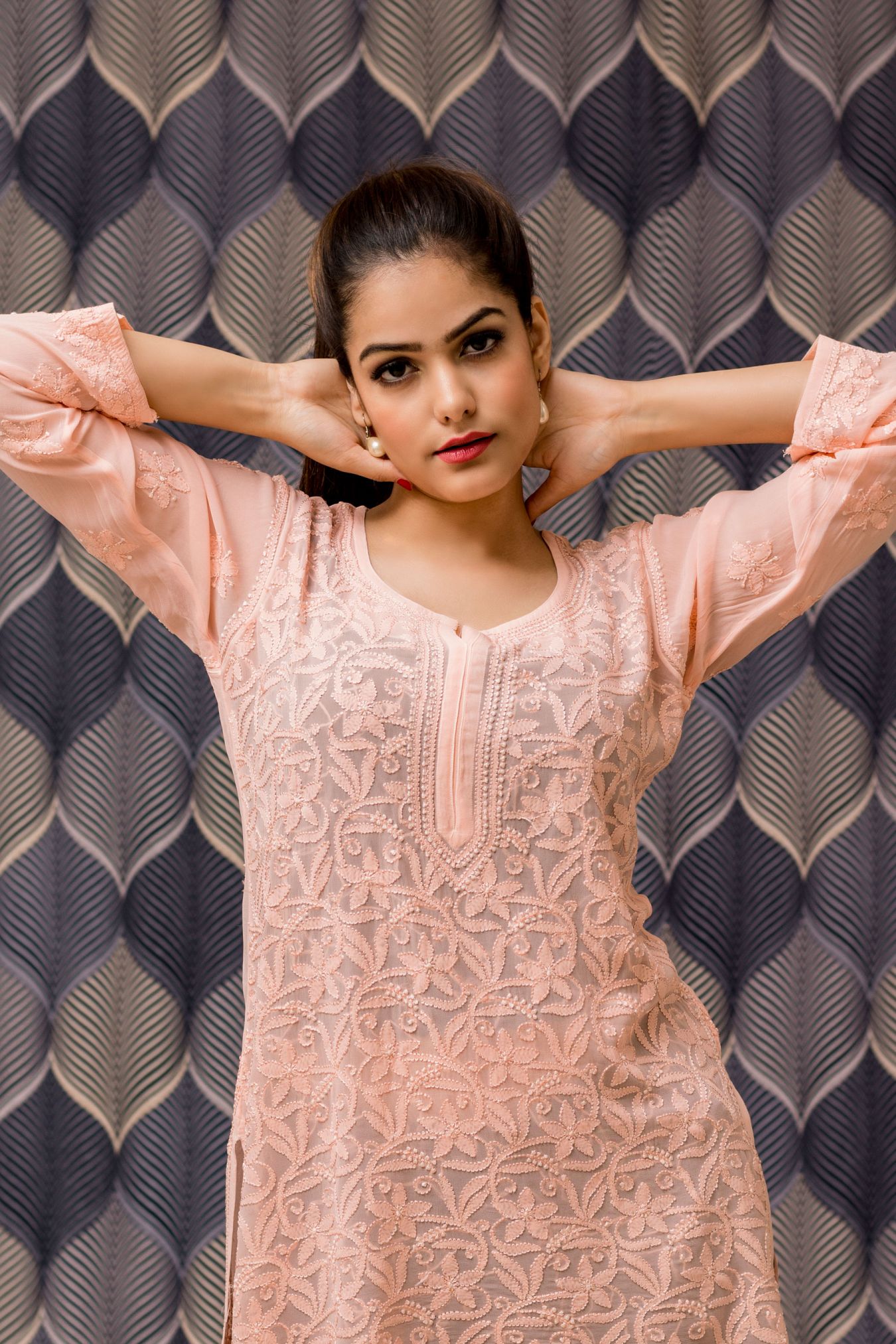 Vivid Peach Georgette Top with Sensationally Classy, Handcrafted Chikan Embroidery Jaal
