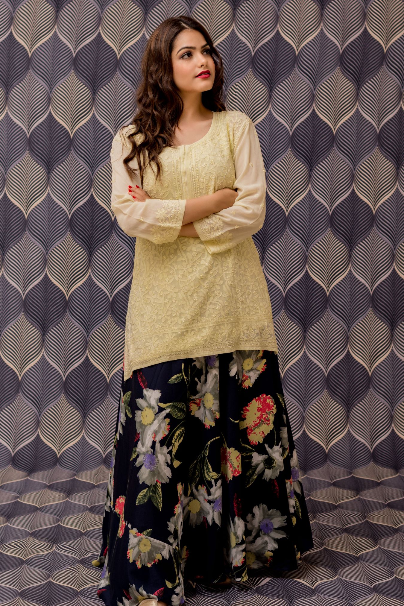 Beaming Lemon Yellow Georgette Top with Sensationally Classy Handcrafted Chikan Jaal.