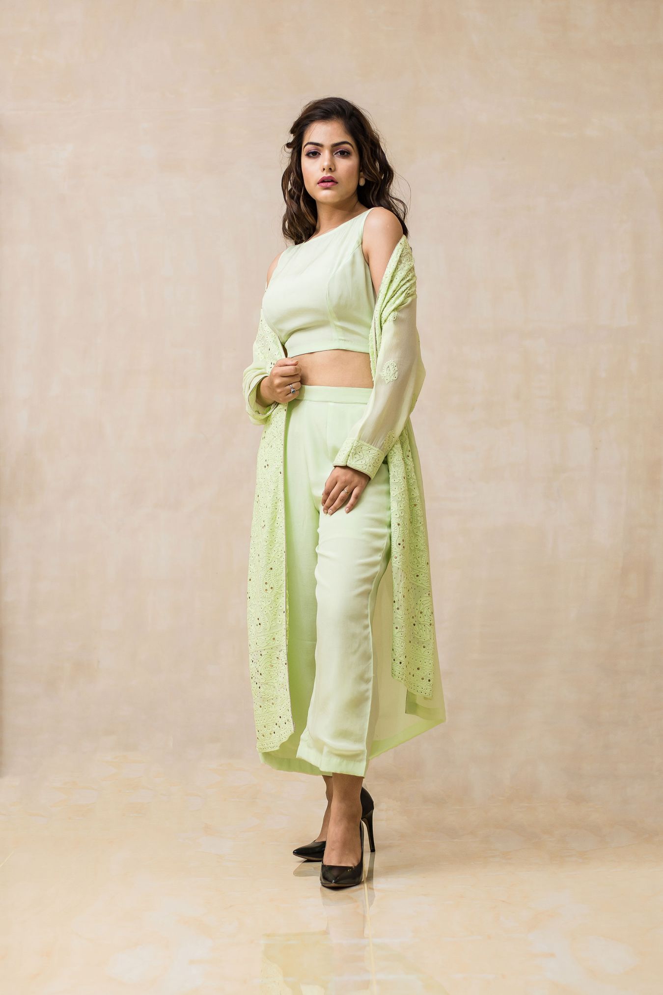 Schmick Handcrafted Chikankari Jacket Paired with Crop Top & Palazzo in Fresh Hue of Pista Green Color.