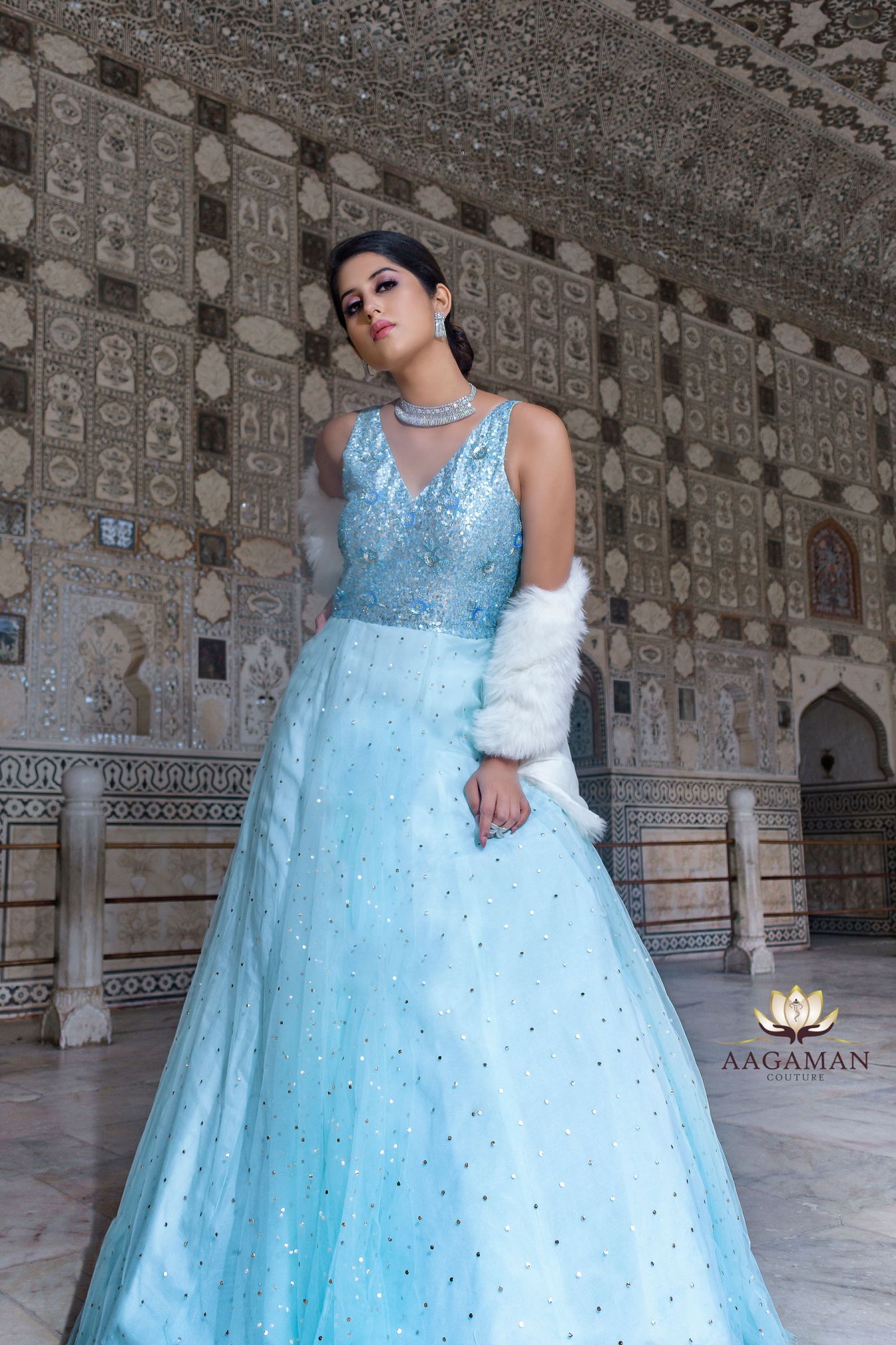 Sea -Blue Suffused Graceful Party Gown in Shimmering Net