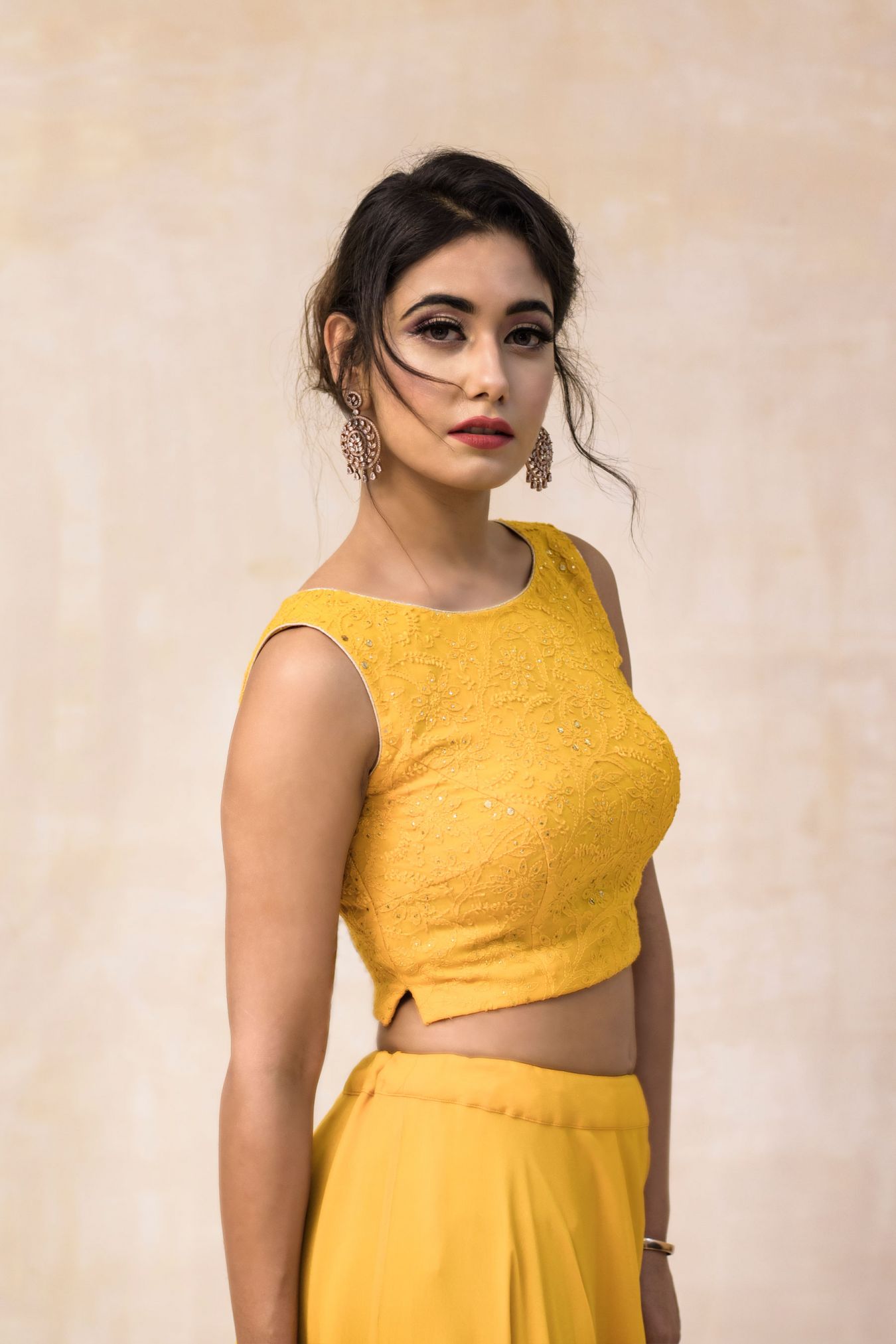 Ablaze Handcrafted Chikan Mukaish Georgette Skirt Top Set in Magnificent Mustard Yellow Hue
