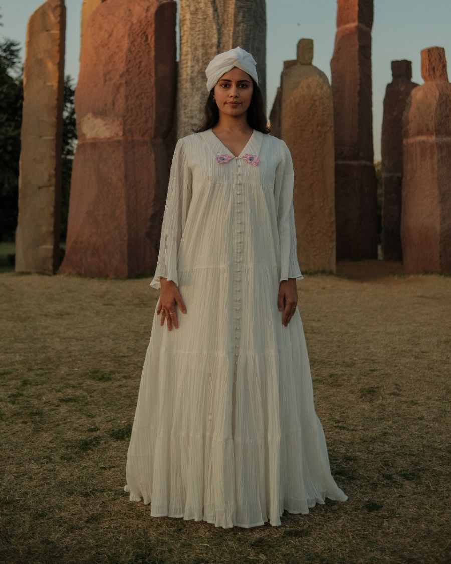 Flamboyant Circular Paneled Tier Angel Gown in Radiant White with Our Delightful Handpainted & Embroidered Signature Lotuses.