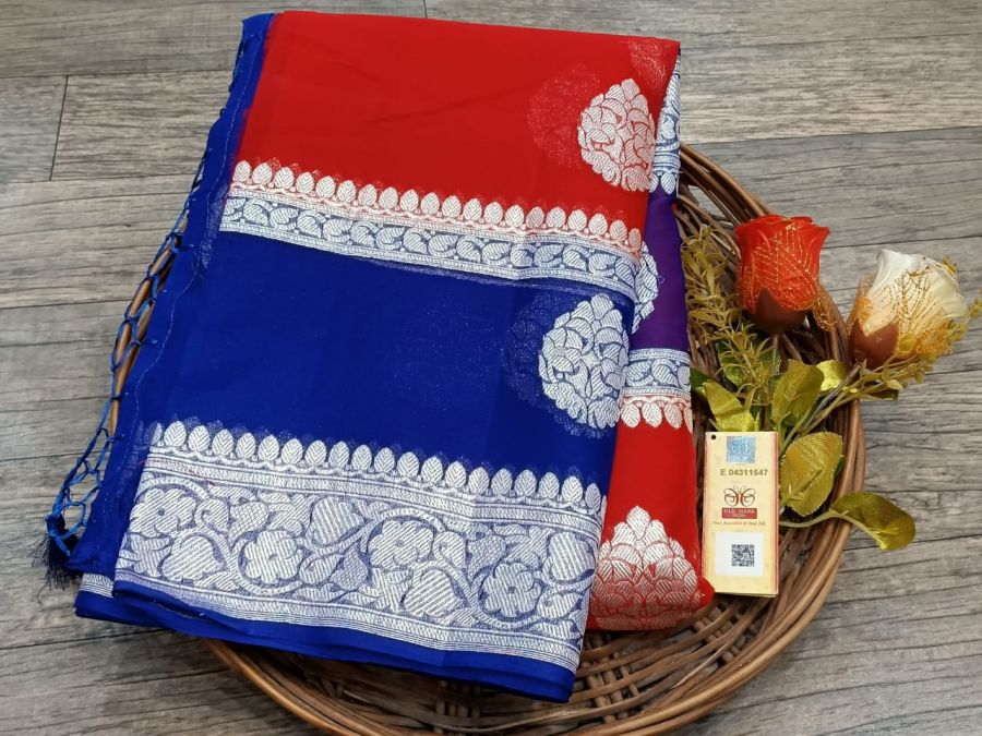 Red and Blue Banarasi Saree