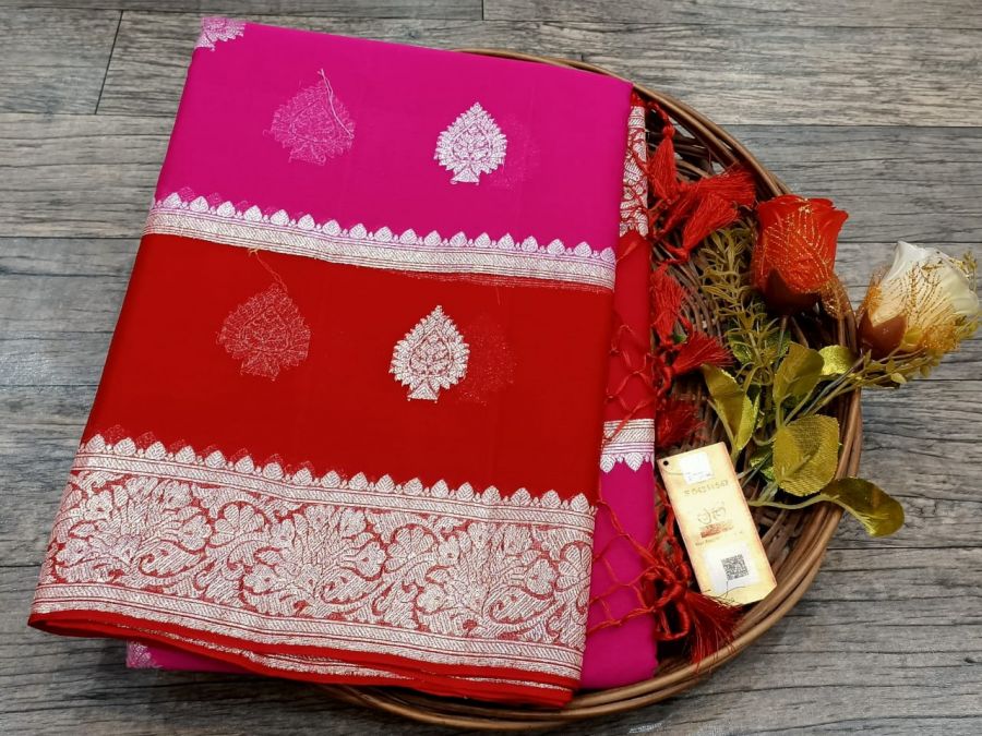 Red and Pink Banarasi Khaddi Saree