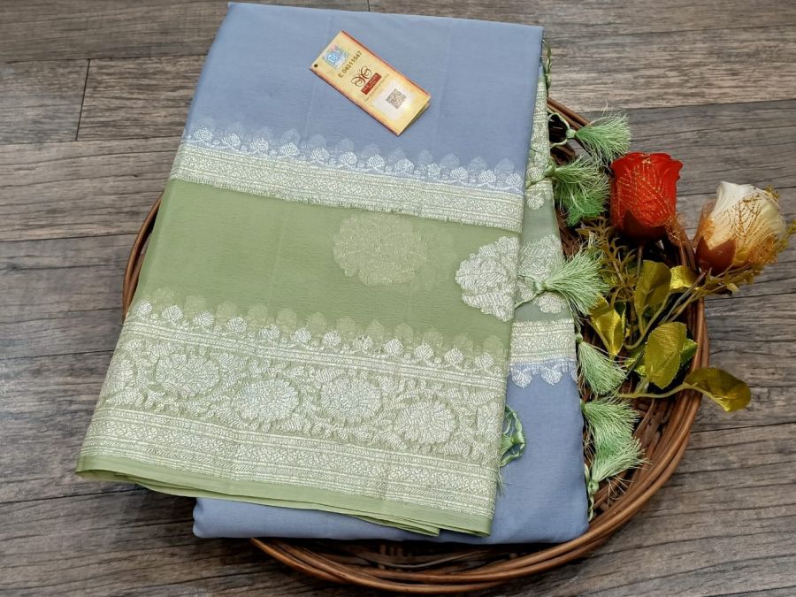 Light Blue and Green Banarasi Khaddi Saree