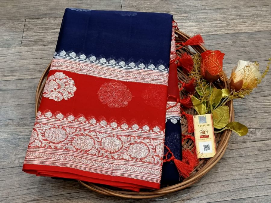 Blue and Red Banarasi Khaddi Saree