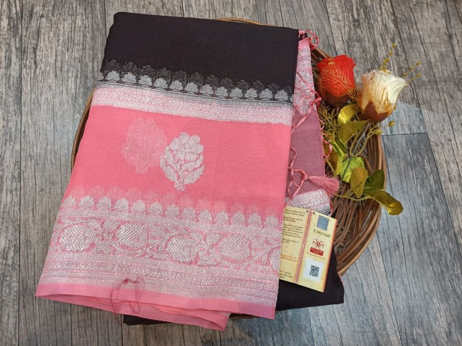 Peach and Grey Banarasi Khaddi Saree